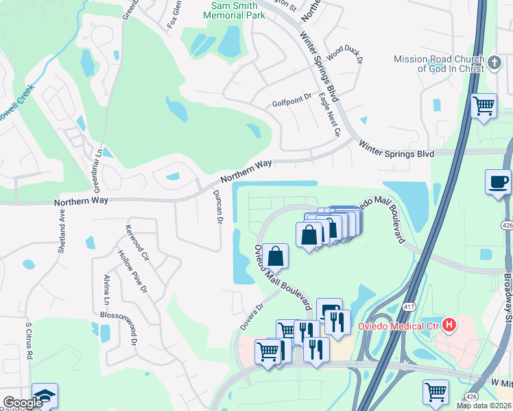 map of restaurants, bars, coffee shops, grocery stores, and more near 1976 Silverweed Way in Oviedo