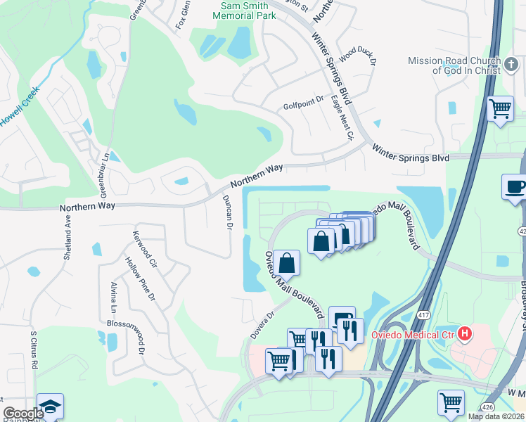 map of restaurants, bars, coffee shops, grocery stores, and more near 1976 Silverweed Way in Oviedo