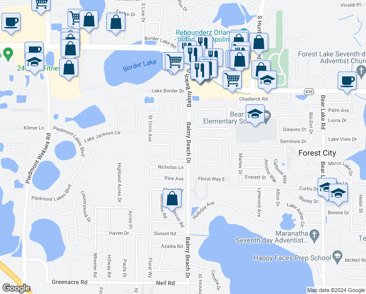 map of restaurants, bars, coffee shops, grocery stores, and more near 1030 Balmy Beach Drive in Apopka