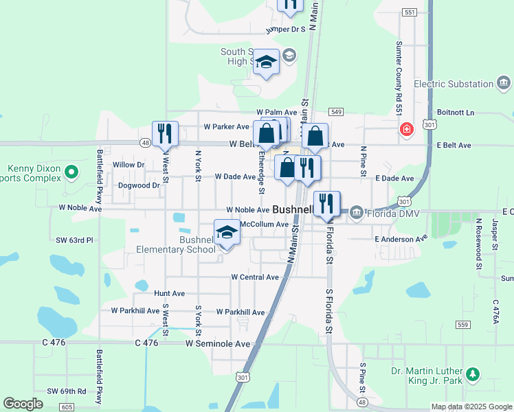 map of restaurants, bars, coffee shops, grocery stores, and more near 202 West Noble Avenue in Bushnell