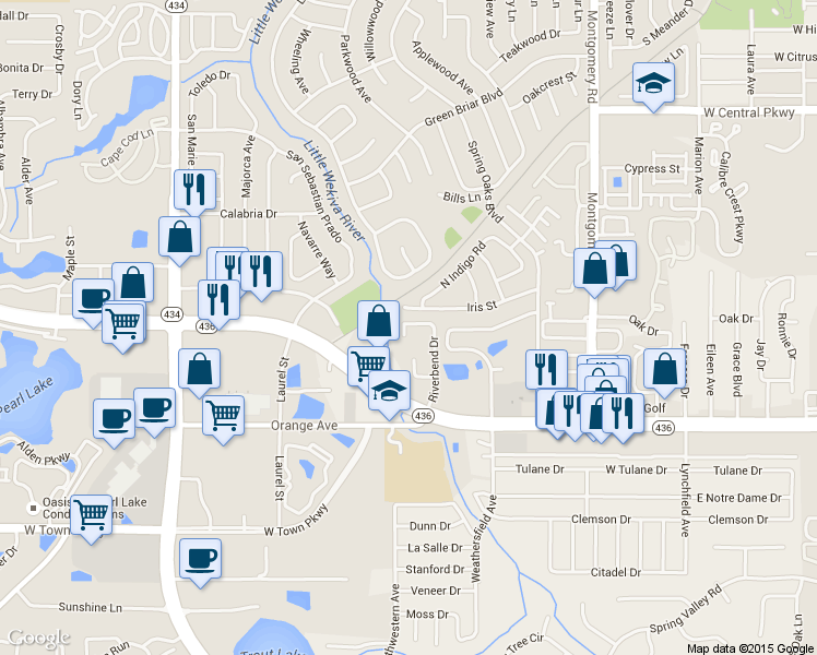 map of restaurants, bars, coffee shops, grocery stores, and more near 208 Riverbend Drive in Altamonte Springs