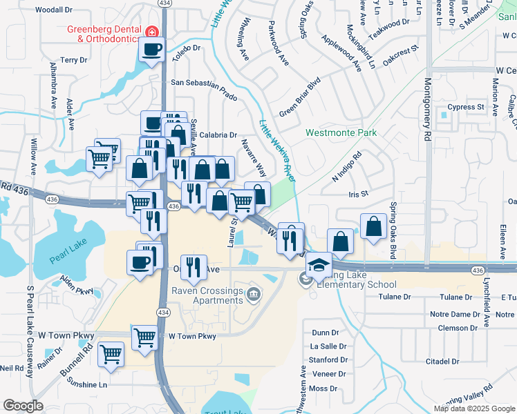 map of restaurants, bars, coffee shops, grocery stores, and more near 501 East San Sebastian Court in Altamonte Springs
