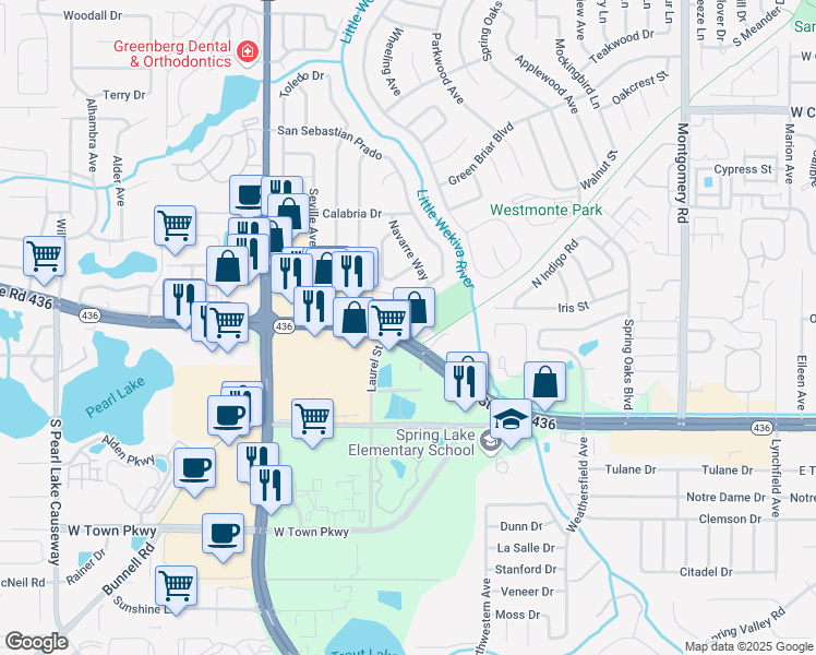 map of restaurants, bars, coffee shops, grocery stores, and more near 605 East San Sebastian Court in Altamonte Springs