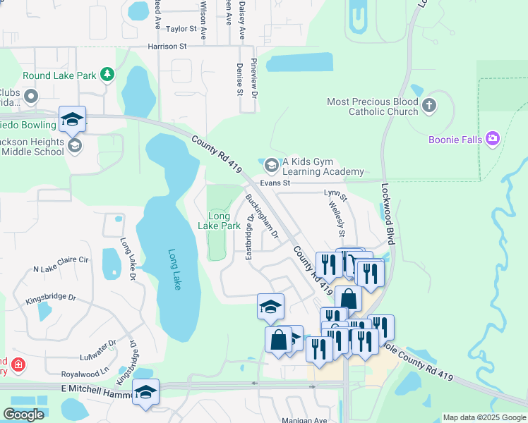 map of restaurants, bars, coffee shops, grocery stores, and more near 625 Buckingham Drive in Oviedo