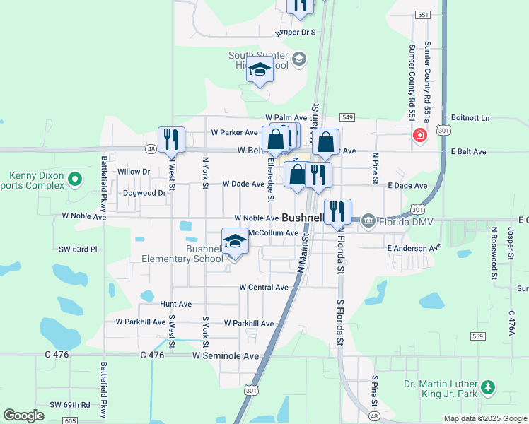 map of restaurants, bars, coffee shops, grocery stores, and more near 202 West Noble Avenue in Bushnell