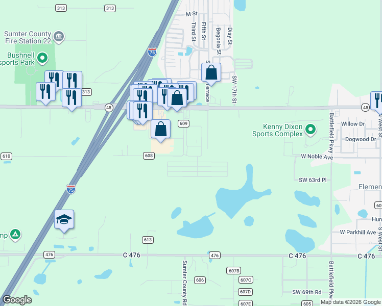 map of restaurants, bars, coffee shops, grocery stores, and more near 6233 Lowery Street in Bushnell