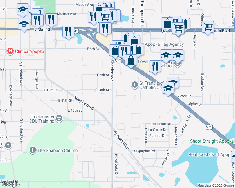 map of restaurants, bars, coffee shops, grocery stores, and more near 1112 Presidential Lane in Apopka