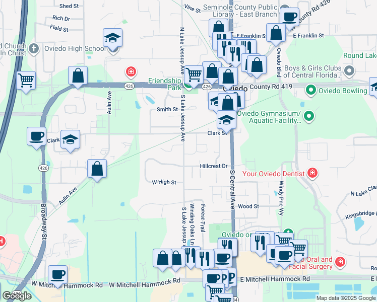 map of restaurants, bars, coffee shops, grocery stores, and more near 340 South Lake Jessup Avenue in Oviedo
