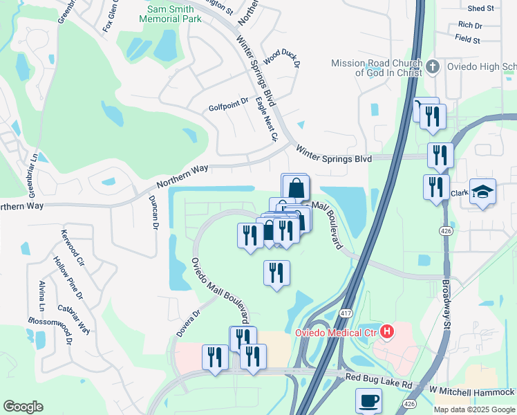 map of restaurants, bars, coffee shops, grocery stores, and more near 1704 Garden Sage Drive in Oviedo