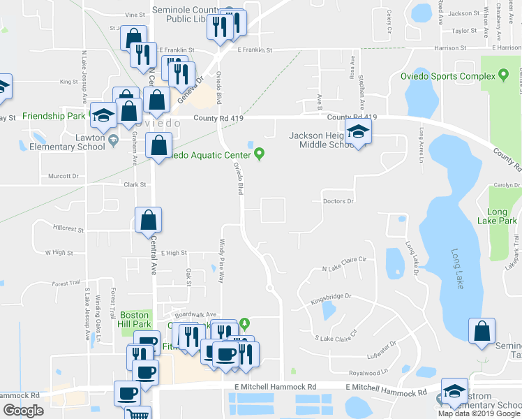 map of restaurants, bars, coffee shops, grocery stores, and more near 401 Fontana Circle in Oviedo