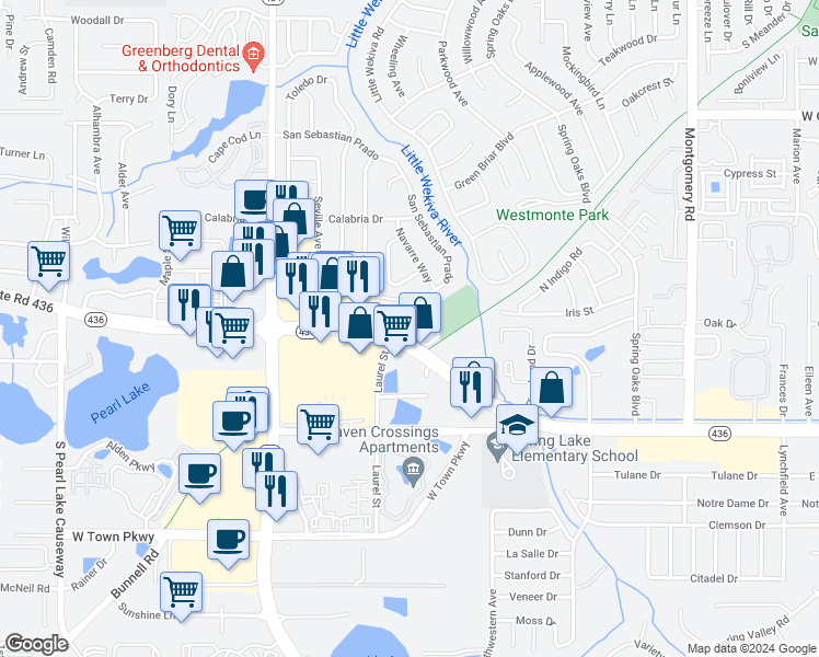 map of restaurants, bars, coffee shops, grocery stores, and more near 605 East San Sebastian Court in Altamonte Springs
