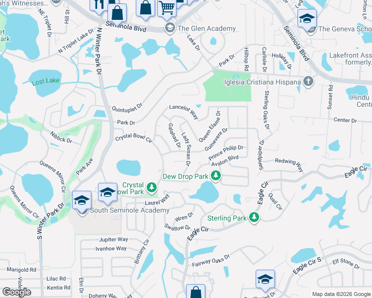 map of restaurants, bars, coffee shops, grocery stores, and more near 1255 Guinevere Drive in Casselberry