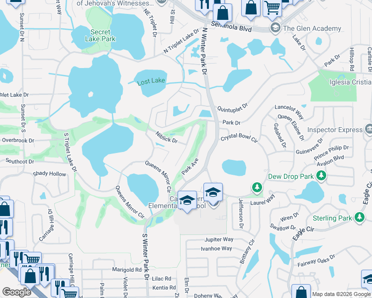 map of restaurants, bars, coffee shops, grocery stores, and more near 203 Paul McClure Court in Casselberry