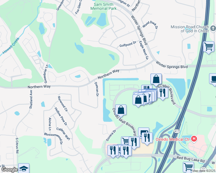 map of restaurants, bars, coffee shops, grocery stores, and more near 1151 Duncan Drive in Winter Springs