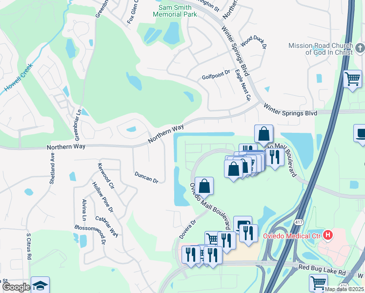 map of restaurants, bars, coffee shops, grocery stores, and more near 310 Reed Grass Drive in Oviedo