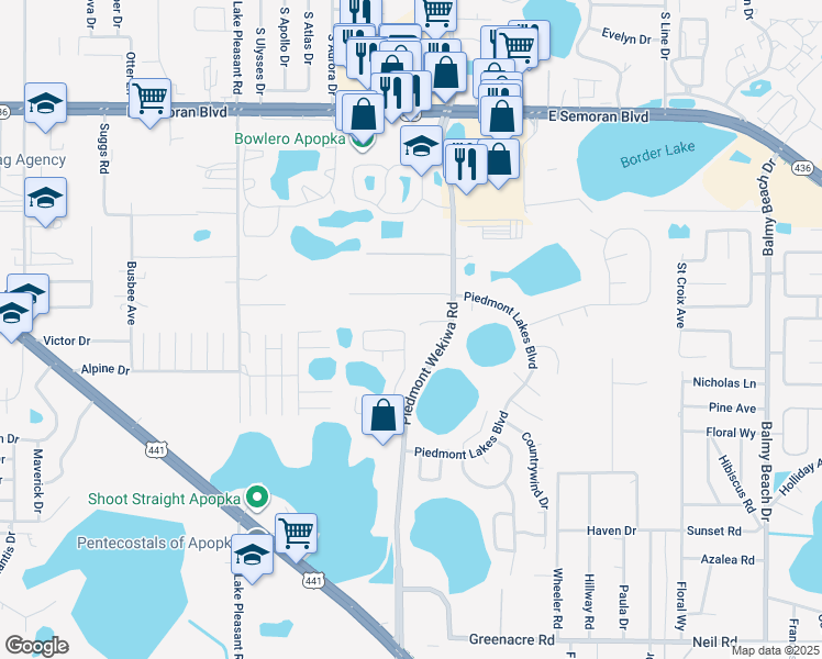 map of restaurants, bars, coffee shops, grocery stores, and more near 1015 Piedmont Oaks Drive in Apopka