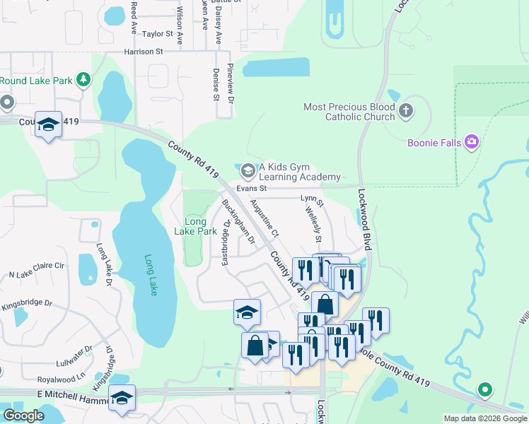 map of restaurants, bars, coffee shops, grocery stores, and more near 361 Augustine Court in Oviedo