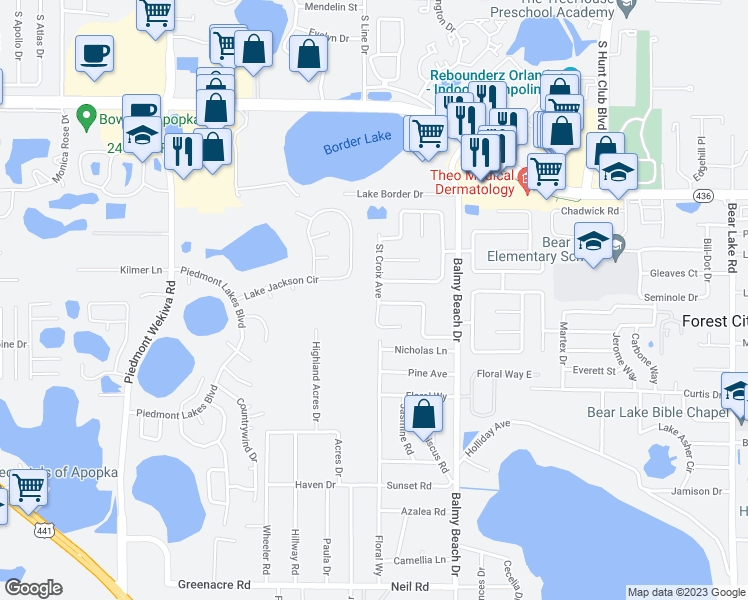 map of restaurants, bars, coffee shops, grocery stores, and more near 1012 Saint Croix Avenue in Apopka