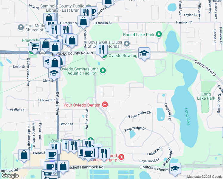 map of restaurants, bars, coffee shops, grocery stores, and more near 445 Fontana Circle in Oviedo