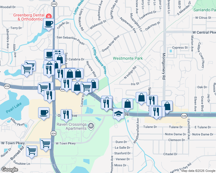 map of restaurants, bars, coffee shops, grocery stores, and more near 238 Riverbend Drive in Altamonte Springs