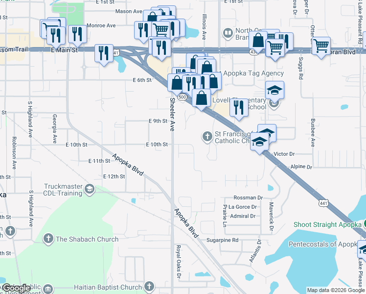 map of restaurants, bars, coffee shops, grocery stores, and more near 1112 Presidential Lane in Apopka