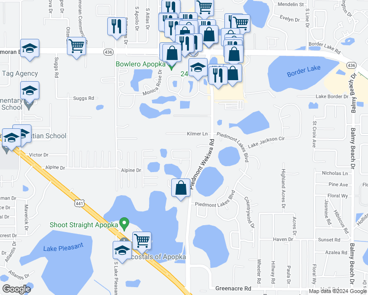 map of restaurants, bars, coffee shops, grocery stores, and more near 1005 Piedmont Oaks Drive in Apopka
