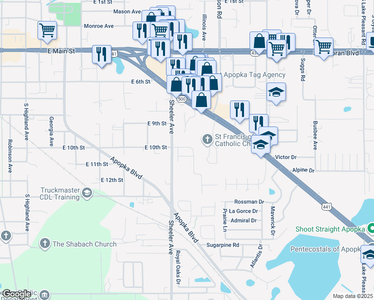 map of restaurants, bars, coffee shops, grocery stores, and more near 1112 Presidential Lane in Apopka