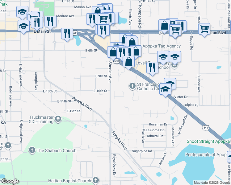 map of restaurants, bars, coffee shops, grocery stores, and more near 1112 Presidential Lane in Apopka