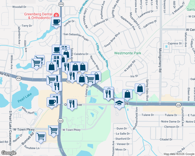 map of restaurants, bars, coffee shops, grocery stores, and more near 501 East San Sebastian Court in Altamonte Springs