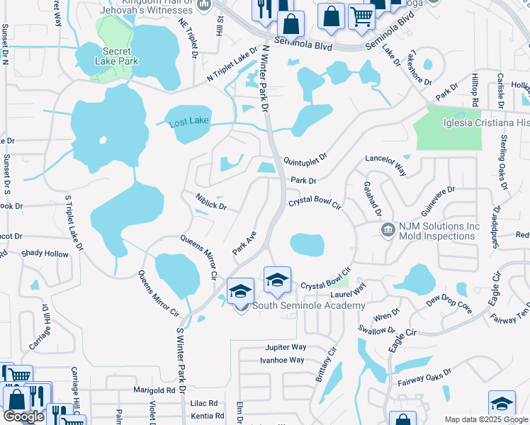 map of restaurants, bars, coffee shops, grocery stores, and more near 132 Park Avenue in Casselberry