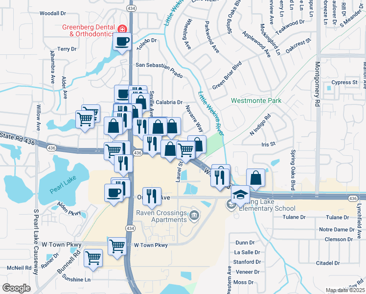 map of restaurants, bars, coffee shops, grocery stores, and more near 605 East San Sebastian Court in Altamonte Springs