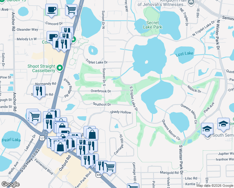 map of restaurants, bars, coffee shops, grocery stores, and more near 295 Southcot Drive in Casselberry