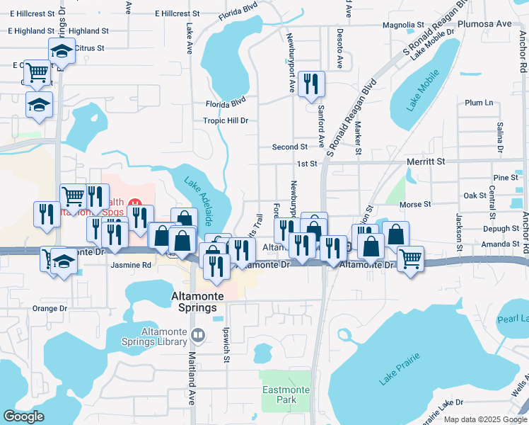 map of restaurants, bars, coffee shops, grocery stores, and more near 301 Hermits Trail in Altamonte Springs