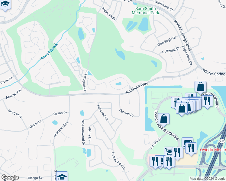 map of restaurants, bars, coffee shops, grocery stores, and more near 1211 Oxbow Lane in Winter Springs