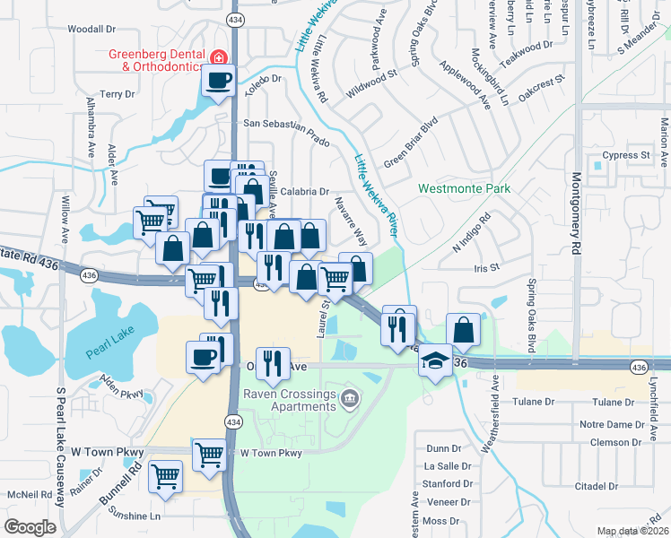 map of restaurants, bars, coffee shops, grocery stores, and more near 104 West San Sebastian Court in Altamonte Springs