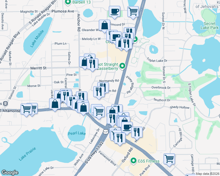 map of restaurants, bars, coffee shops, grocery stores, and more near 190 Normandy Road in Casselberry