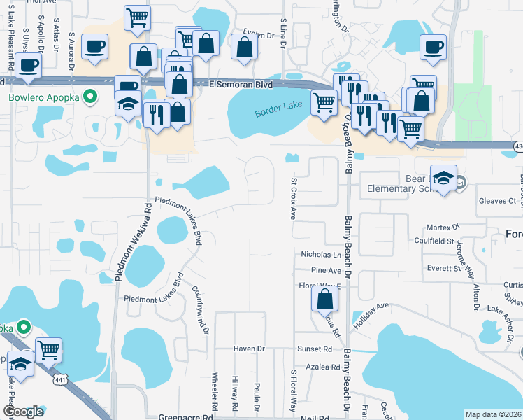 map of restaurants, bars, coffee shops, grocery stores, and more near 2685 Lake Jackson Circle in Apopka