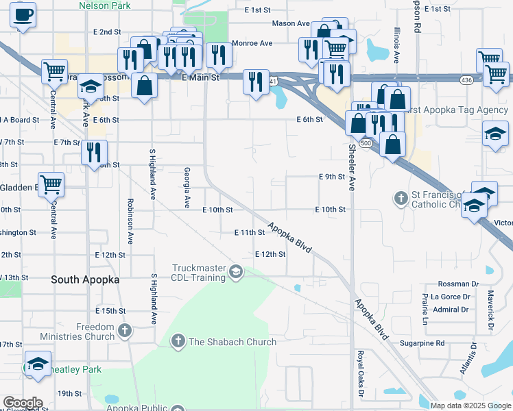 map of restaurants, bars, coffee shops, grocery stores, and more near 940 Lake Drive in Apopka