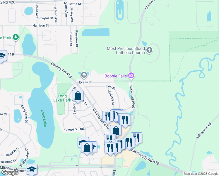 map of restaurants, bars, coffee shops, grocery stores, and more near 370 Lynn Street in Oviedo