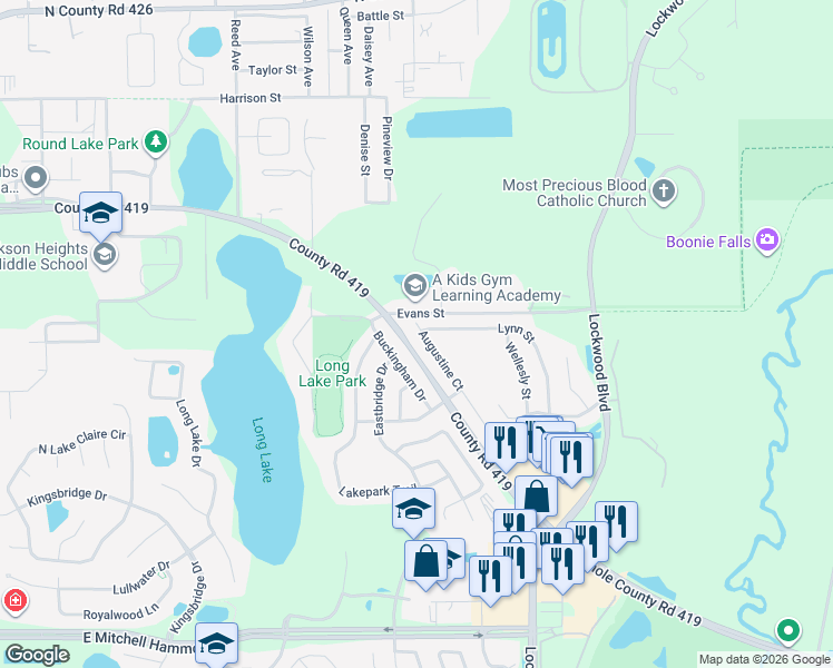 map of restaurants, bars, coffee shops, grocery stores, and more near 310 Augustine Court in Oviedo
