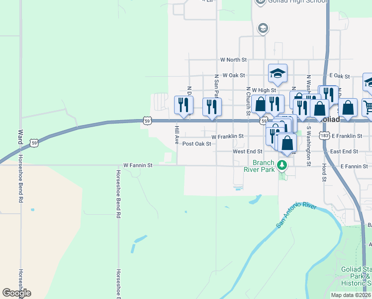 map of restaurants, bars, coffee shops, grocery stores, and more near 743 West Franklin Street in Goliad