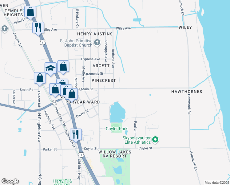 map of restaurants, bars, coffee shops, grocery stores, and more near 2731 East Main Street in Mims
