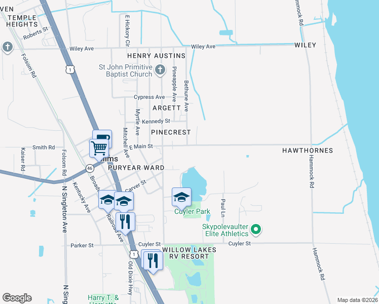 map of restaurants, bars, coffee shops, grocery stores, and more near 2731 East Main Street in Mims
