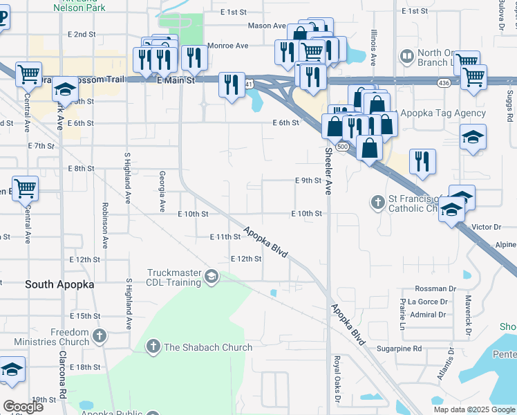 map of restaurants, bars, coffee shops, grocery stores, and more near 925 South Christiana Avenue in Apopka