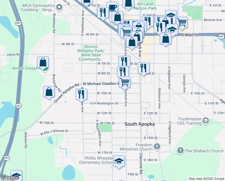 map of restaurants, bars, coffee shops, grocery stores, and more near 52 West Michael Gladden Boulevard in Apopka