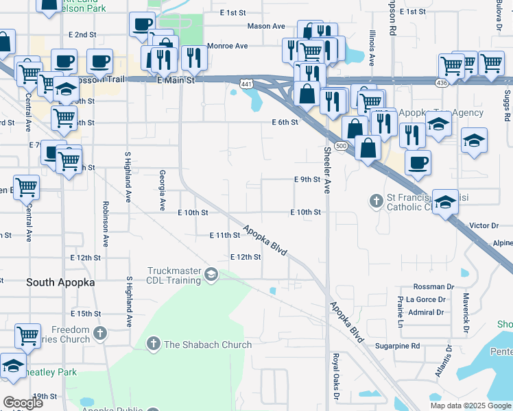 map of restaurants, bars, coffee shops, grocery stores, and more near 925 South Christiana Avenue in Apopka