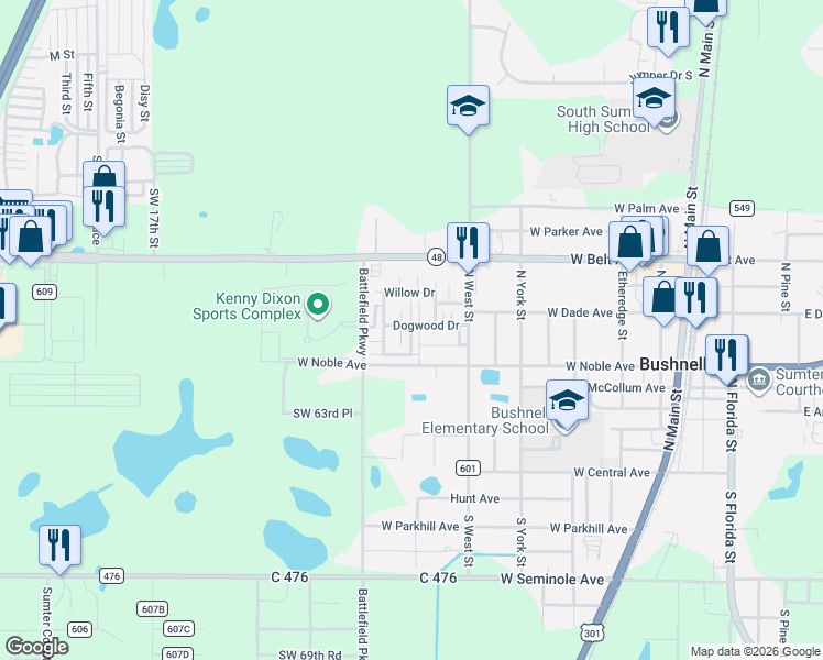 map of restaurants, bars, coffee shops, grocery stores, and more near 68-73 Dogwood Drive in Bushnell