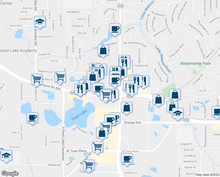 map of restaurants, bars, coffee shops, grocery stores, and more near 360 North State Road 434 in Altamonte Springs