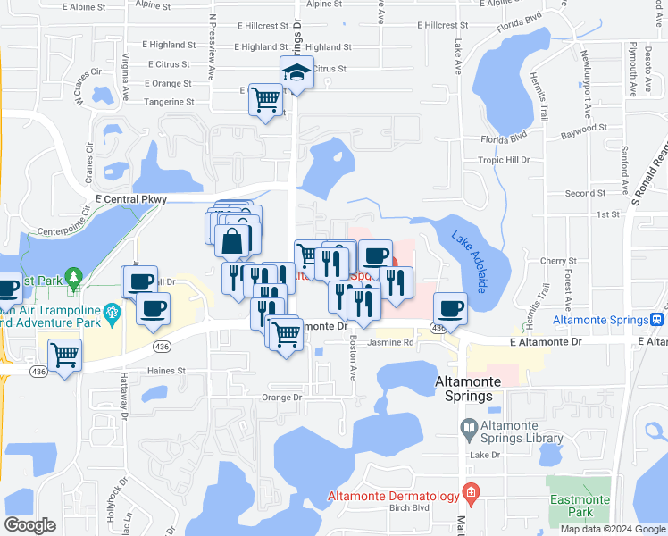 map of restaurants, bars, coffee shops, grocery stores, and more near 308 Windmeadows Street in Altamonte Springs