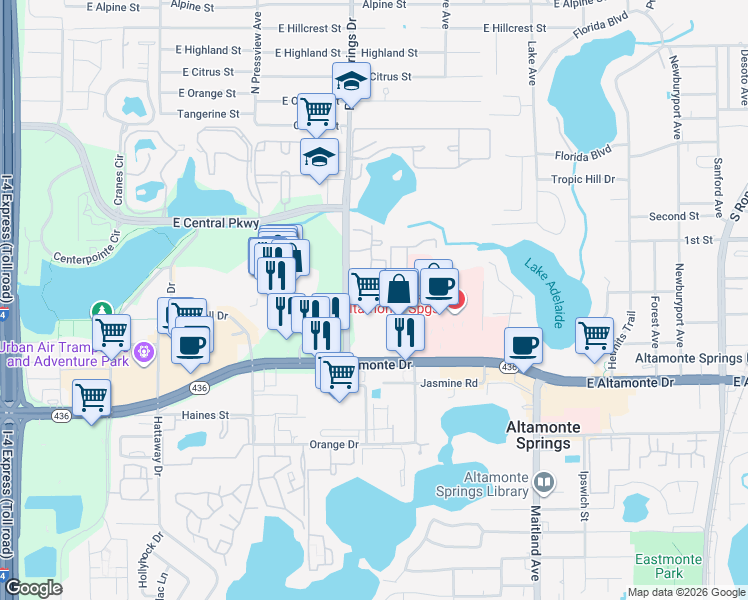 map of restaurants, bars, coffee shops, grocery stores, and more near in Altamonte Springs